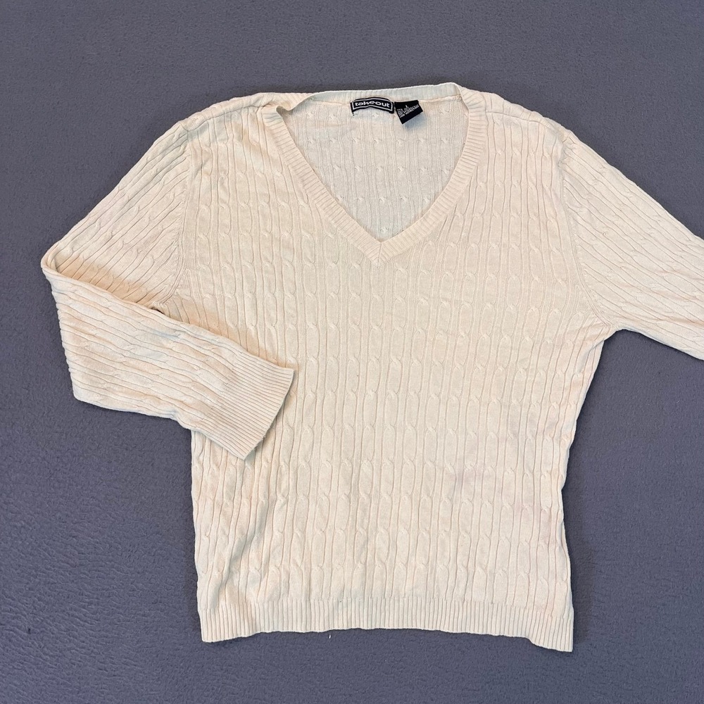 Takeout‎ Womens Silk Blend Sweater Sz Lg Cream Cable Knit Stretch LS Lightweight